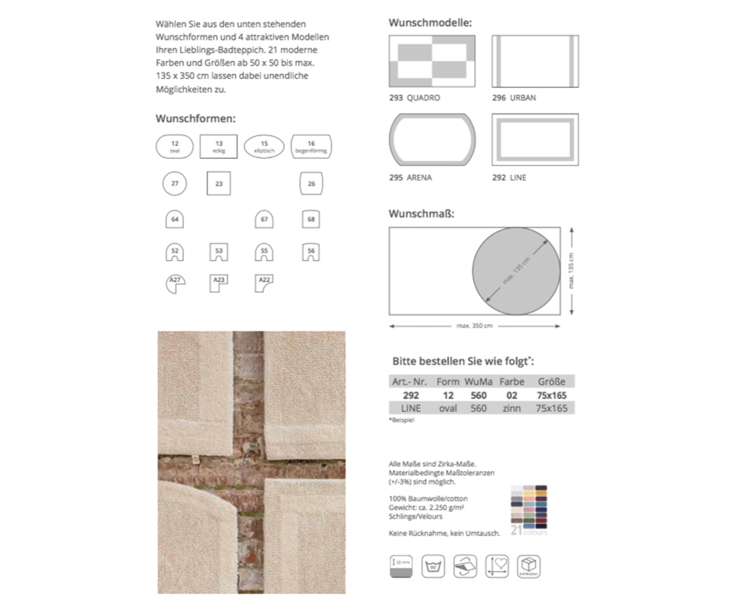 Rhomtuft-Wunschprogramm-Baumwolle-Info Rhomtuft Quadro + Arena bath rugs customized program